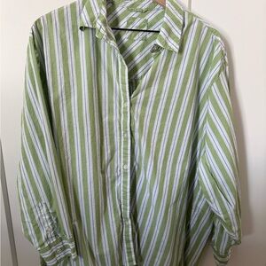 Green and White Oversized Striped Button-Up Shirt